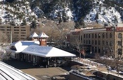 Arriving to Glenwood Springs by Amtrak train.  A picture of the Glenwood train  station and tracks. 