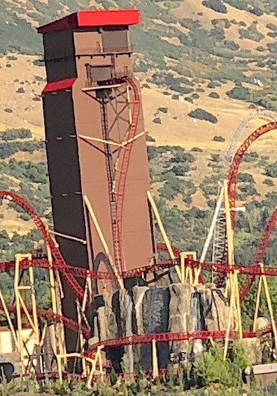 View of the vertical drop from the cannibal roller coaster at the Lagoon Amusement Park and Campground