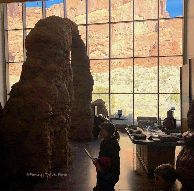 Arches National Park Visitor Center educational display and view from inside