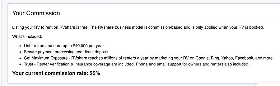 My commission rate at RVShare on the account page of the owner dashboard