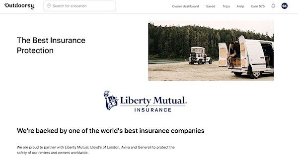 Screenshot of Outdoorsy insurance program with Liberty Mutual