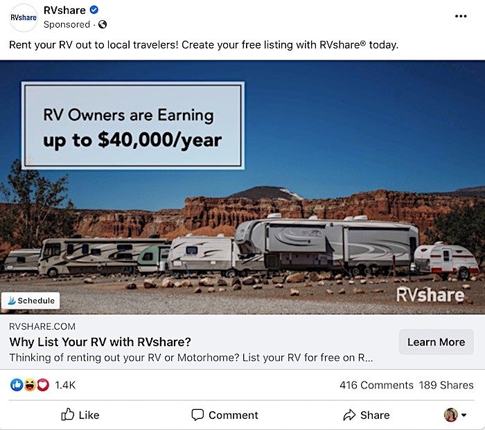 RVshare Facebook advertisement for RV owners