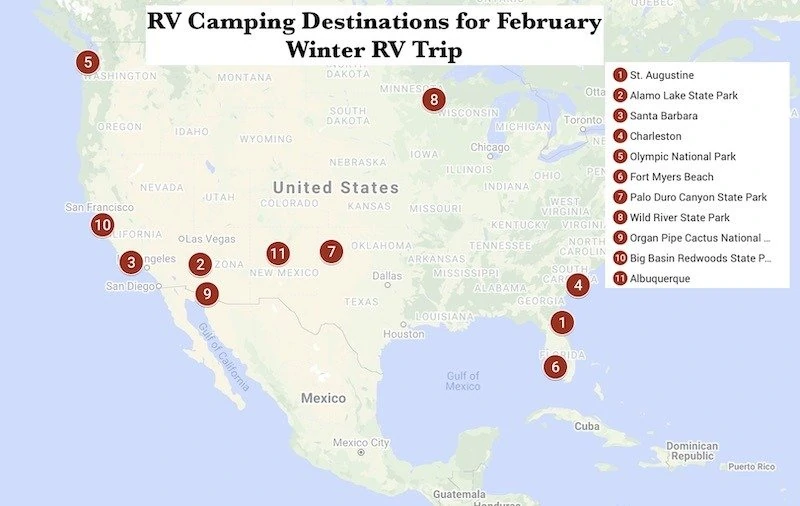 Figure of the February RV Camping Destinations interactive GoogleMap