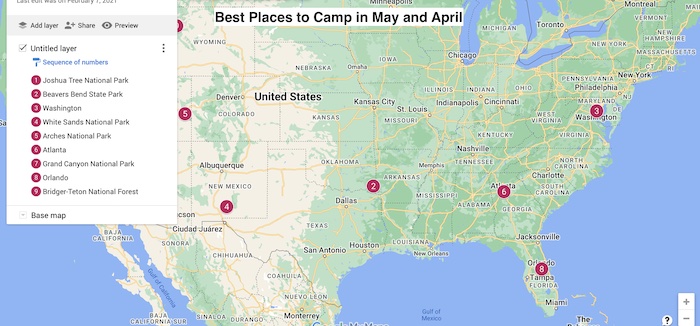 Map of Best places to camp in April and May 
