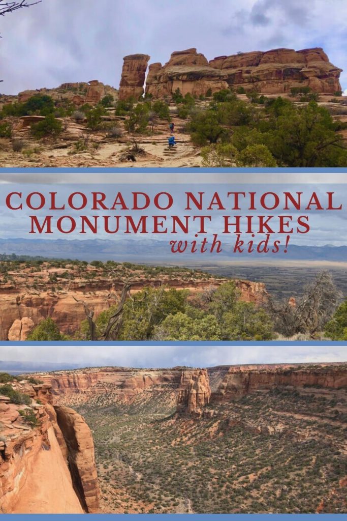 Pinterest image for Easy Colorado National Monument Hiking Trails with Kids featuring photos showing the Canyon Rim Trail, Devil's Kitchen Trail, and Otto's Trail