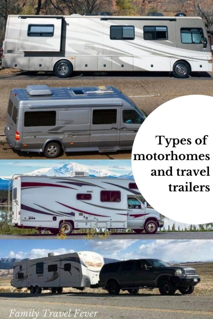 Pinterest image of What's the Difference Between an RV, Camper, Motorhome and a Trailer featuring Class A motorhome, Class B motorhome, Class C motorhome, and a travel trailer pulled by an suv