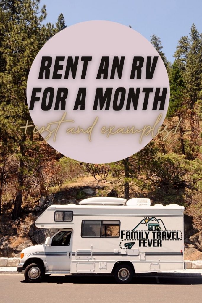 Pinterest image of Rent an RV for a Month (10 Examples Plus Cost) with a Class C RV with trees in the background