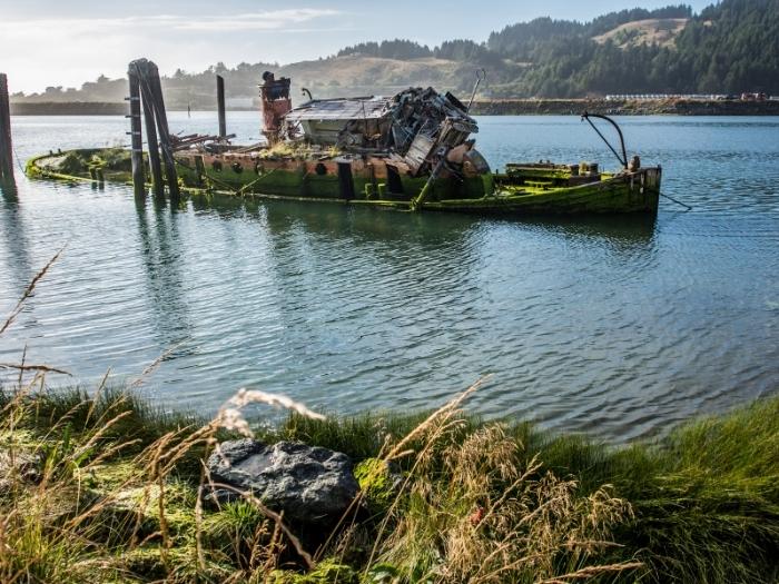 Remains of the abandoned shipwreck of the Mary D. Hume, in Gold Beach Oregon, along the Rouge River
