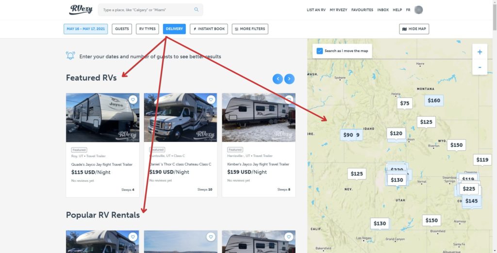A screenshot of RVezy filter to see which RV's are available to be delivered