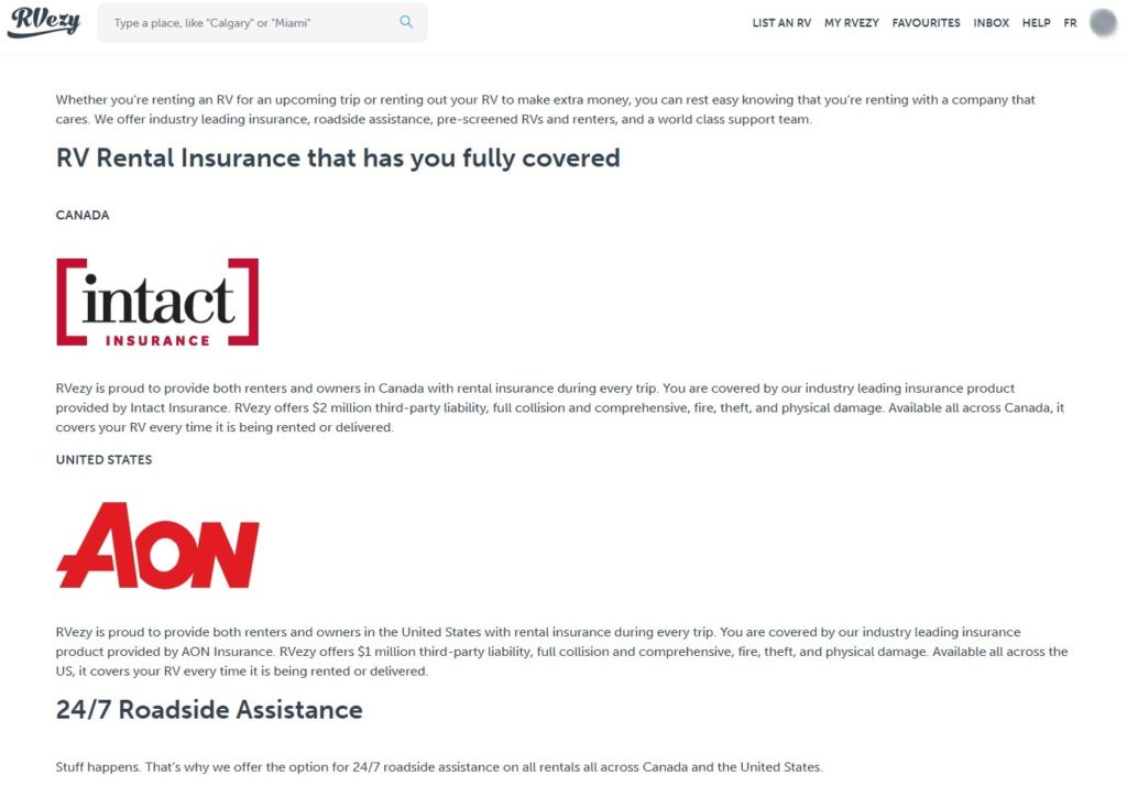 A screenshot of RVezy's insurance info