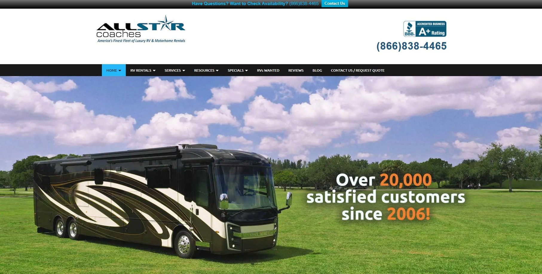 Allstar Coaches homepage with a class a rv on a field 