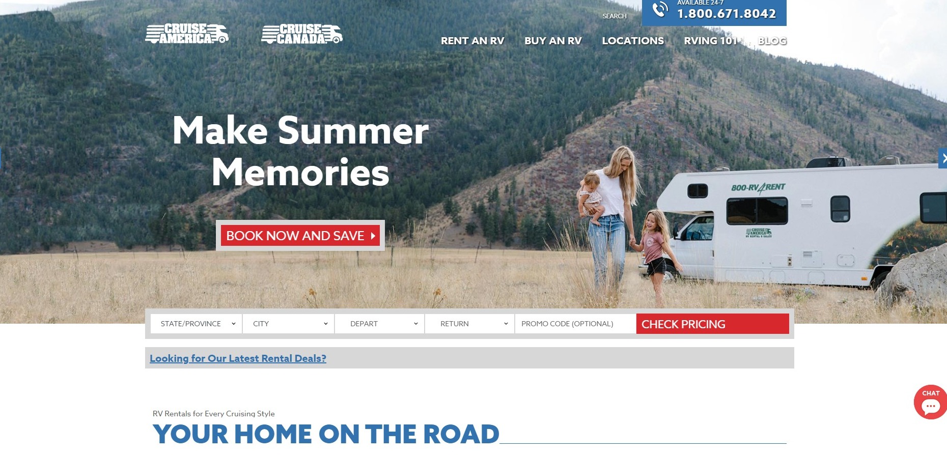 Cruise Americe home page with a mother walking her children from a parked travel trailer