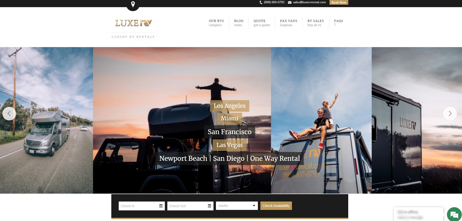 Luxe RV homepage with a collage of luxury rv's