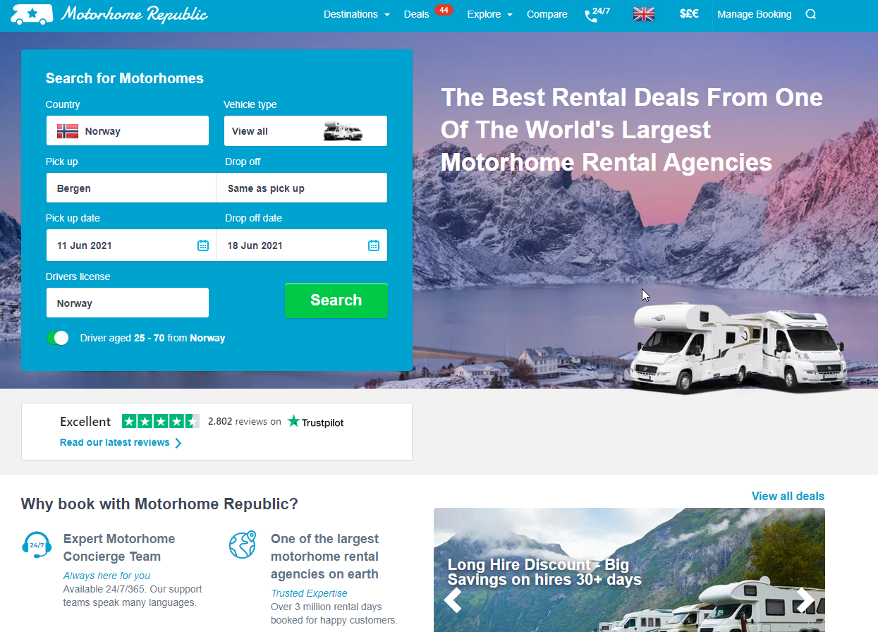 Motorhome Republic homepage with a class b motorhome on a snowy mountain view