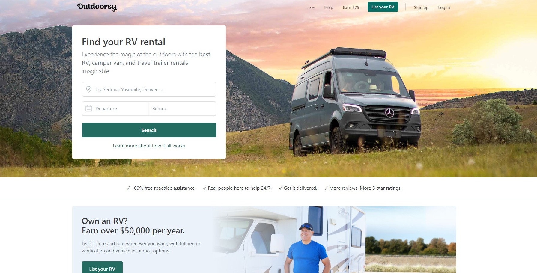 Outdoorsy homepage showing a camper van in a hill with a sunset view