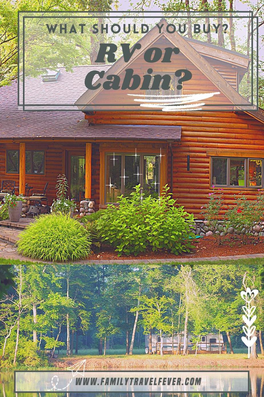 A collage of a cabin and a travel trailer 