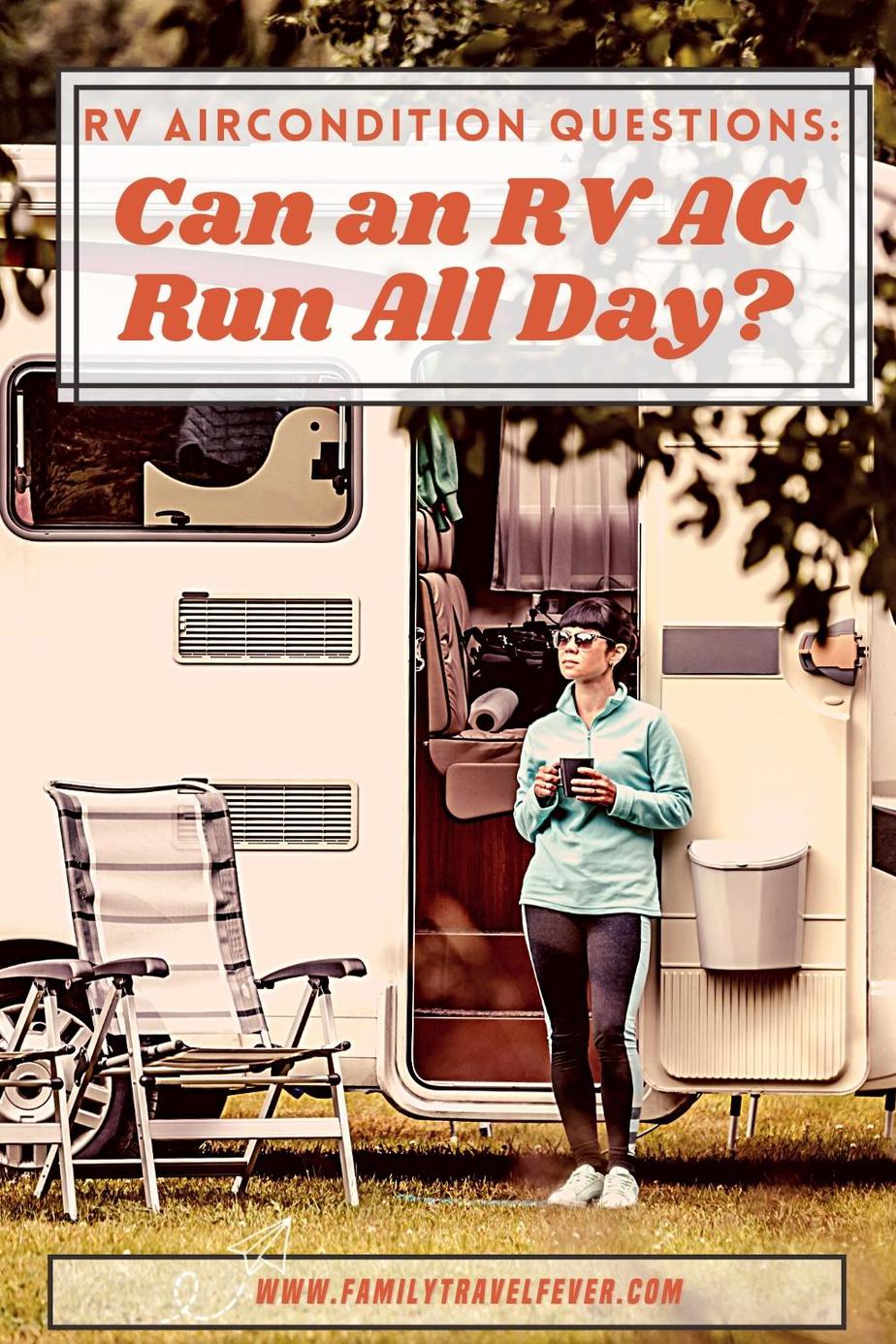 A woman standing outside of an open RV door with a mug in hand.