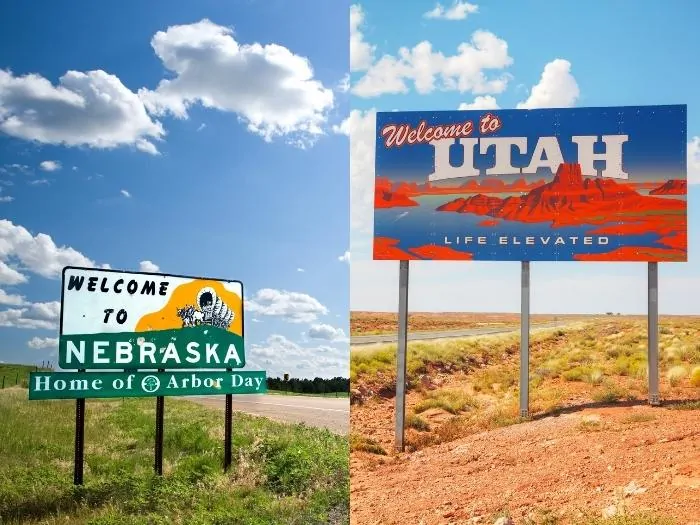 Welcome sign of Nebraska and Utah