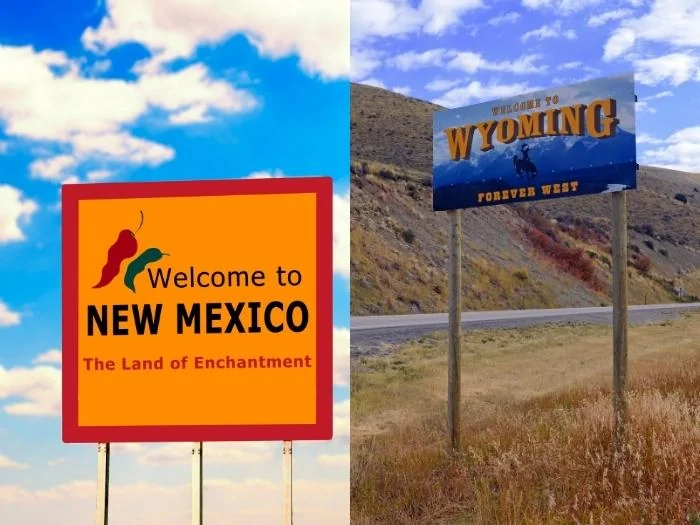 Welcome sign of New Mexico and Wyoming