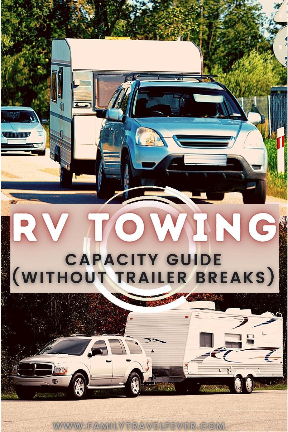 A collage of two suv pulling a camper, caravan trailer