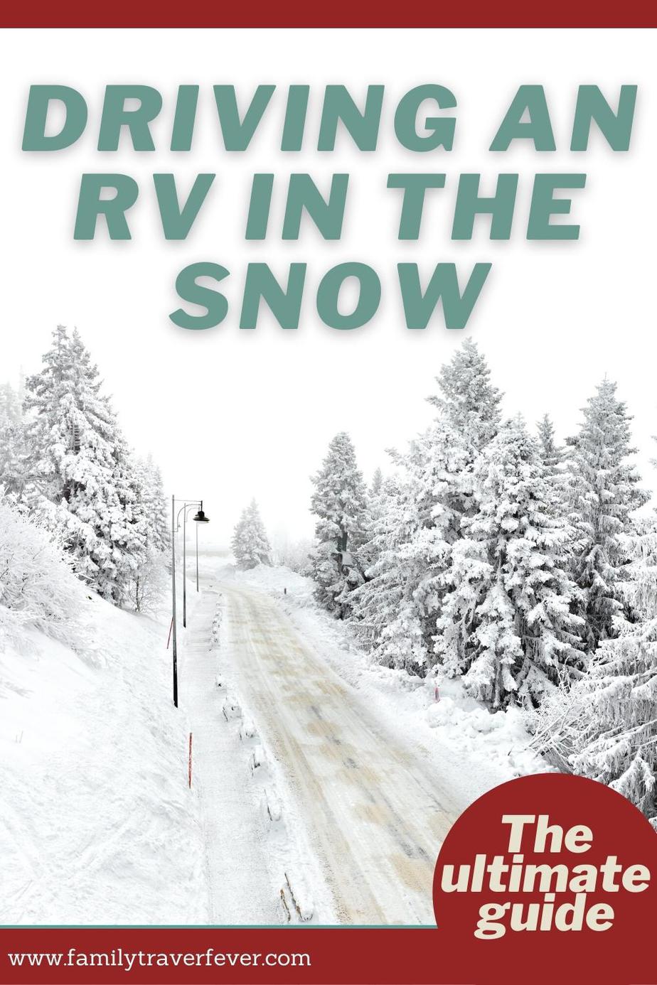 Snowy road with pine trees covered with snow with a driving an RV in the snow  