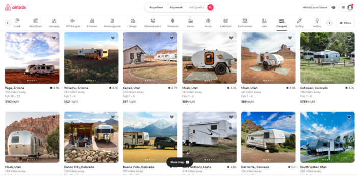 Screenshot of the camper rental page from Airbnb website