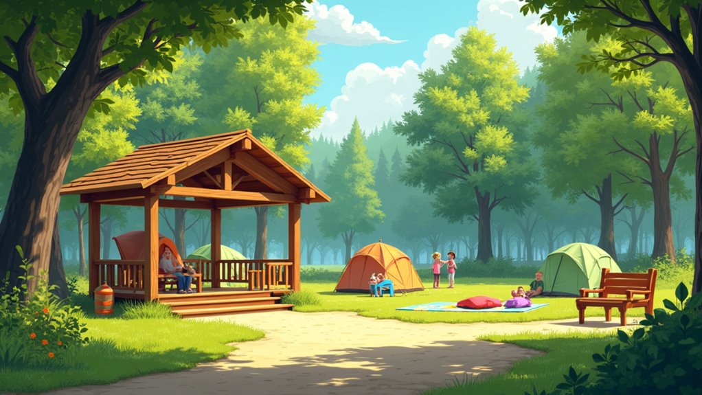 shaded campsites and shelters