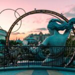 Universal Orlando Resort at sunset with palm trees and colorful theme park architecture