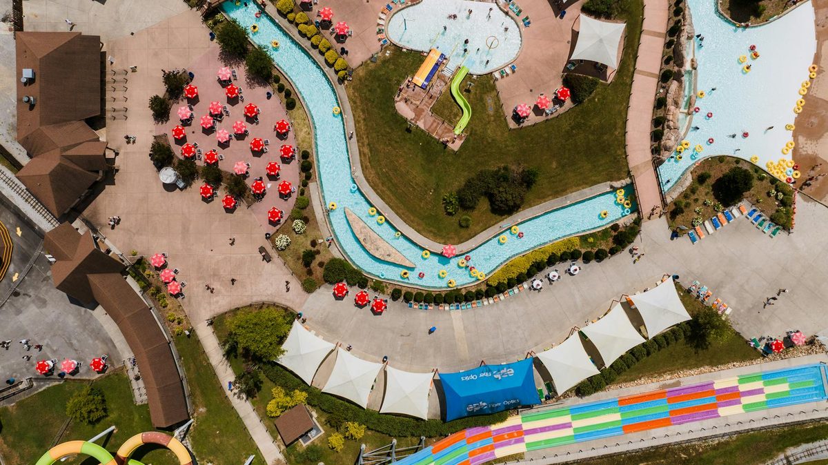 Aerial view of a water park with slides and pools