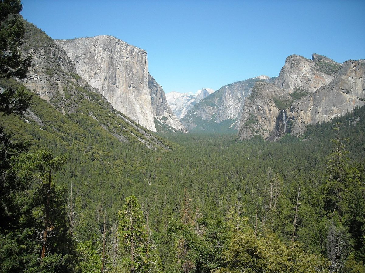 Bridalveil Fall in Yosemite with mist billowing from the waterfall base