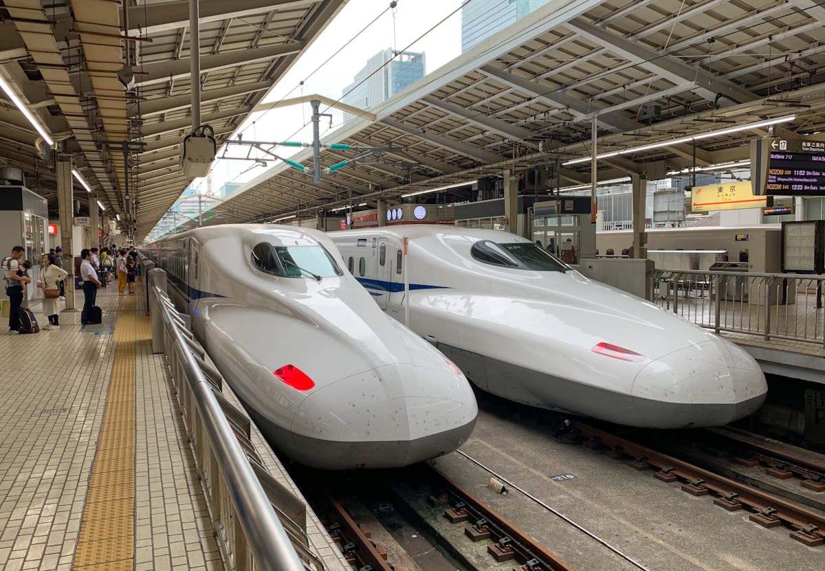 Bullet trains lined up at a Japanese station platform