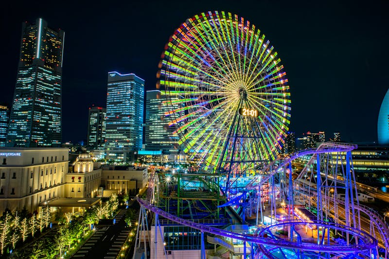 Vibrant night view of Cosmo Clock 21 Ferris wheel in Yokohama