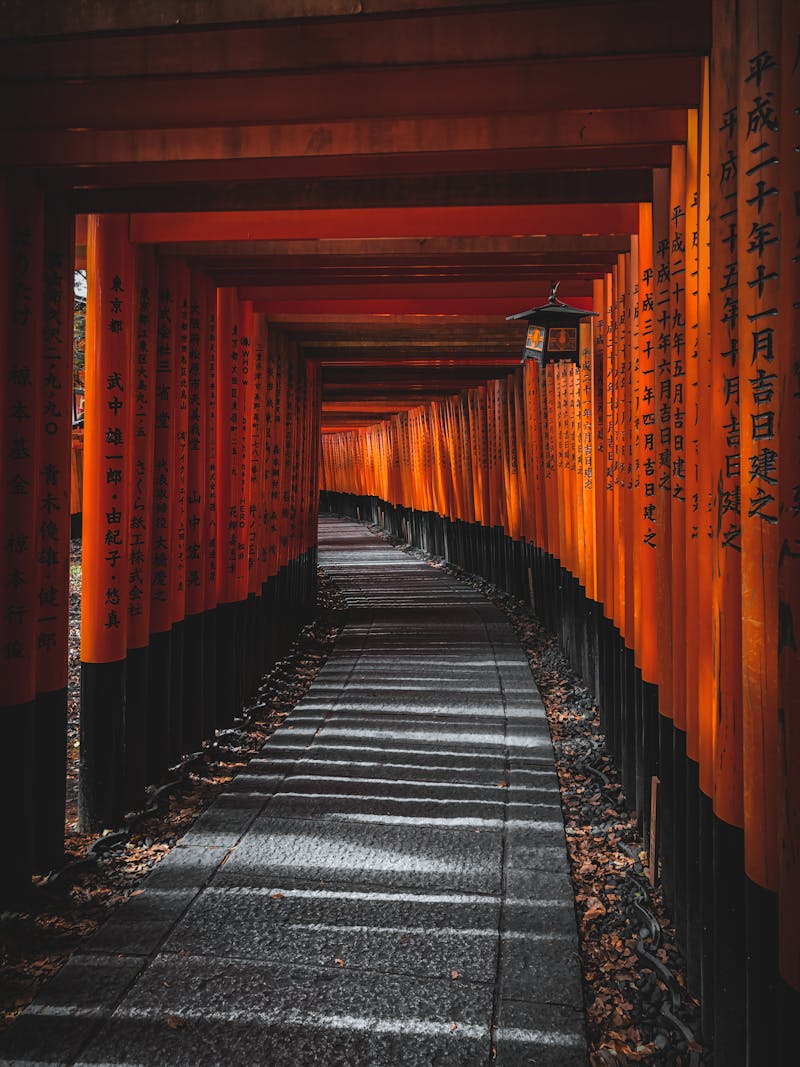 Path through red torii gates at Fushimi Inari Shrine in Kyoto