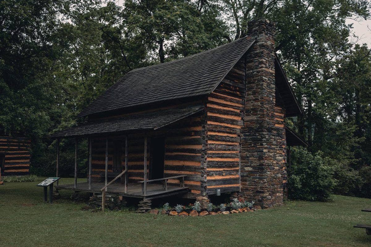 Historic log cabin surrounded by trees in Gatlinburg Tennessee