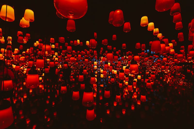 Colorful illuminated lanterns creating a mesmerizing indoor display