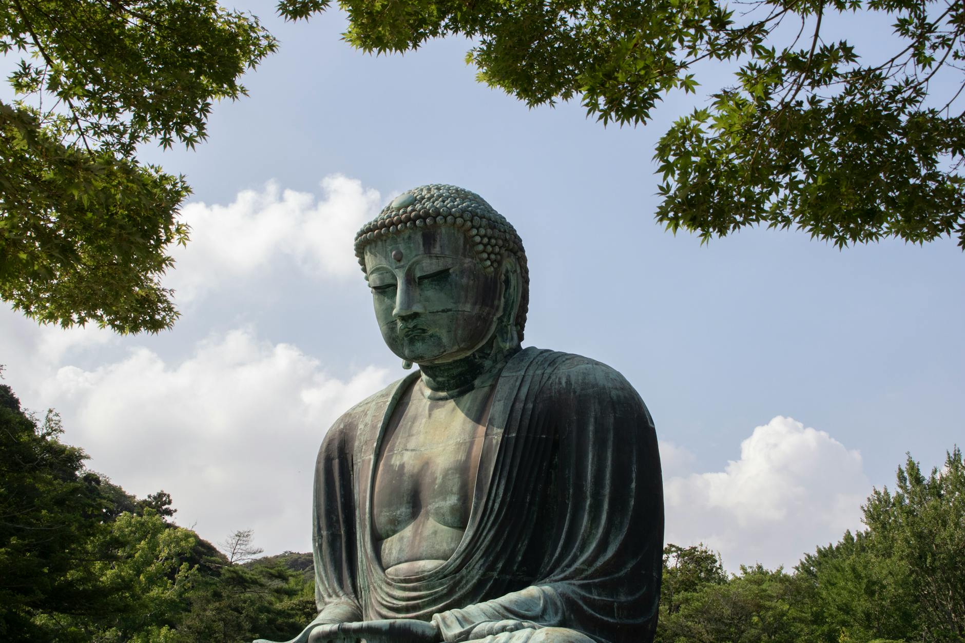 Great Buddha statue surrounded by trees at Kotoku-in temple in Kamakura Japan