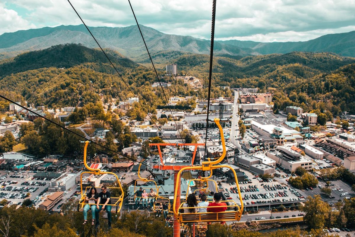 Aerial view of Pigeon Forge Tennessee with mountains in background