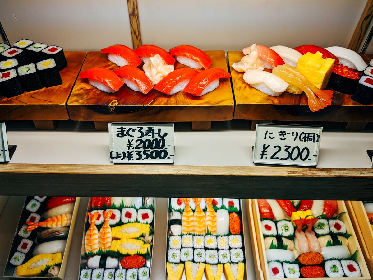 Colorful sushi display at a Japanese restaurant