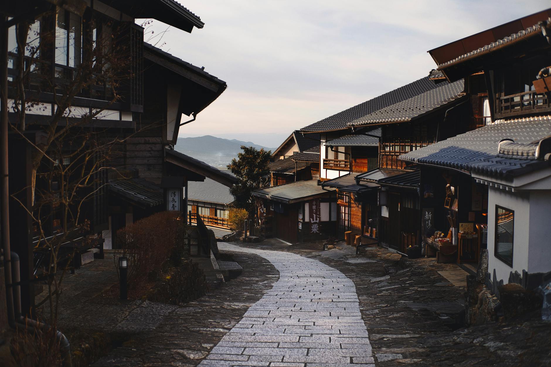 Traditional Japanese village street at dawn in Takayama old town