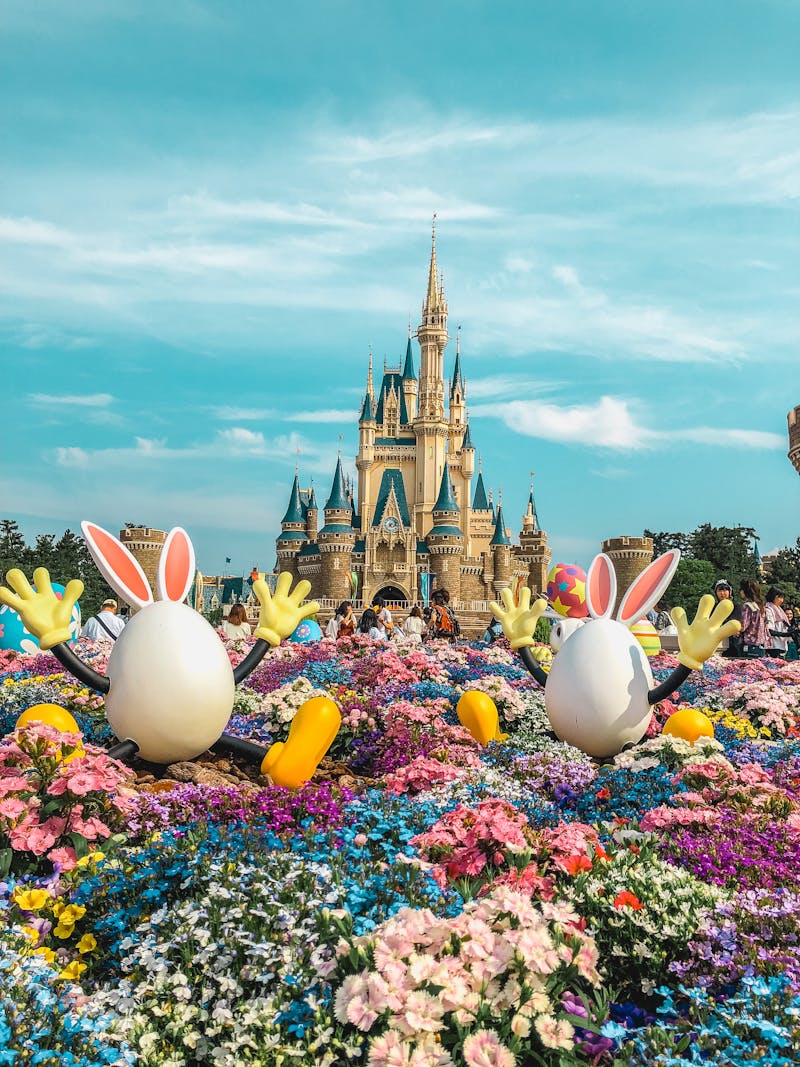 Tokyo Disneyland Castle with spring flowers and decorations