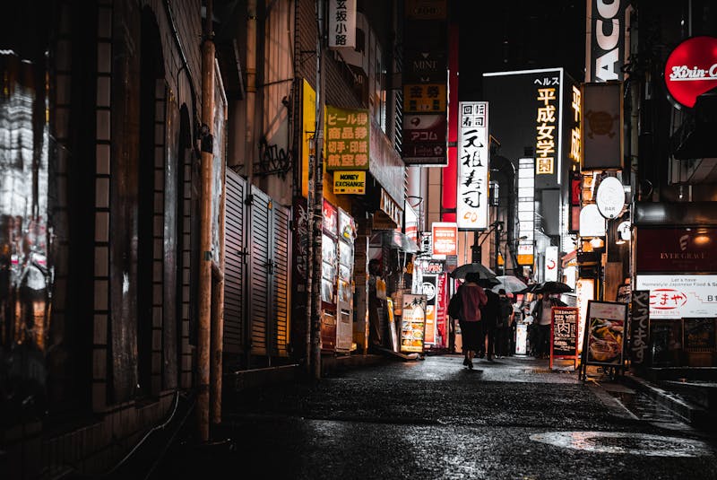 People walking under umbrellas on a neon-lit Tokyo street at night in the rain