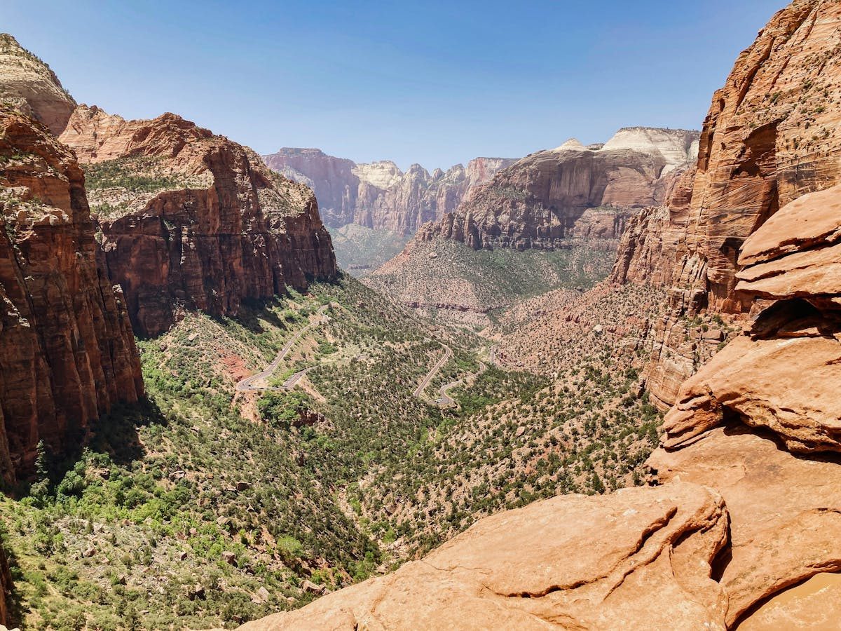 Panoramic aerial view of Zion National Park canyon and surrounding landscape