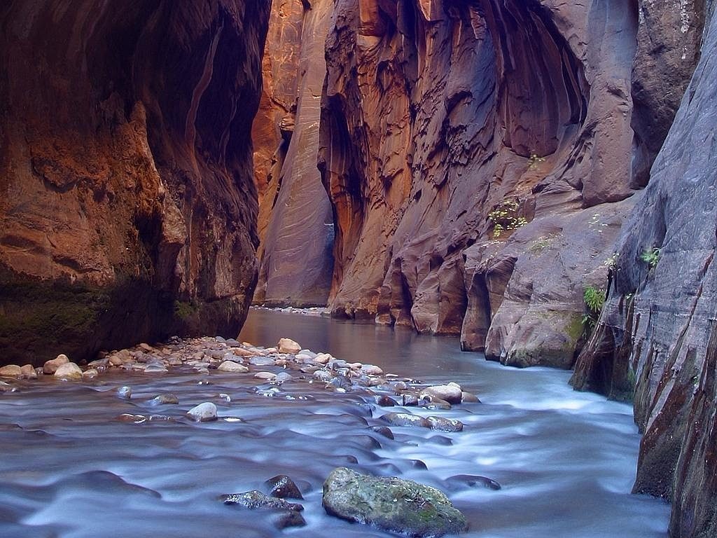 Narrow slot canyon with river flowing through it at Zion