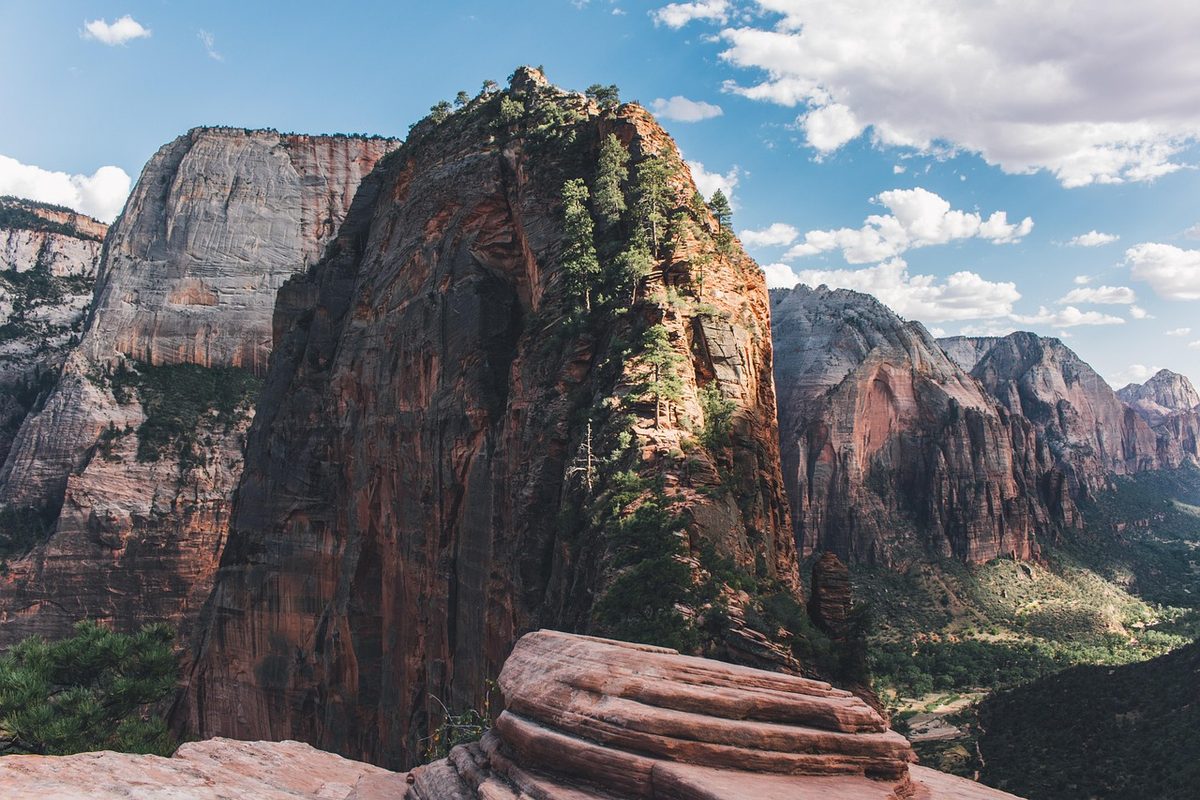 Zion National Park red canyon walls with Virgin River flowing below