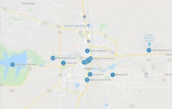Click on the image for the location of things to do in Pueblo. Numbers for things to do in the blog post are in the image