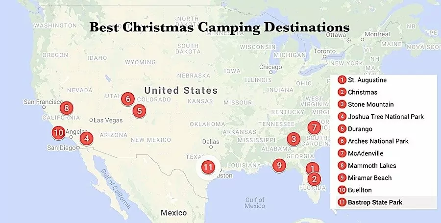 Map of the best places to camp for Christmas, click to link to the interactive Google Map