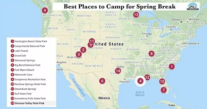 Map of the best places to camp for Spring Break, click to link to the interactive Google Map